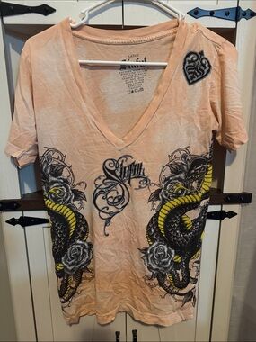 Peach V-Neck Graphic Sinful bling  Snake Tee